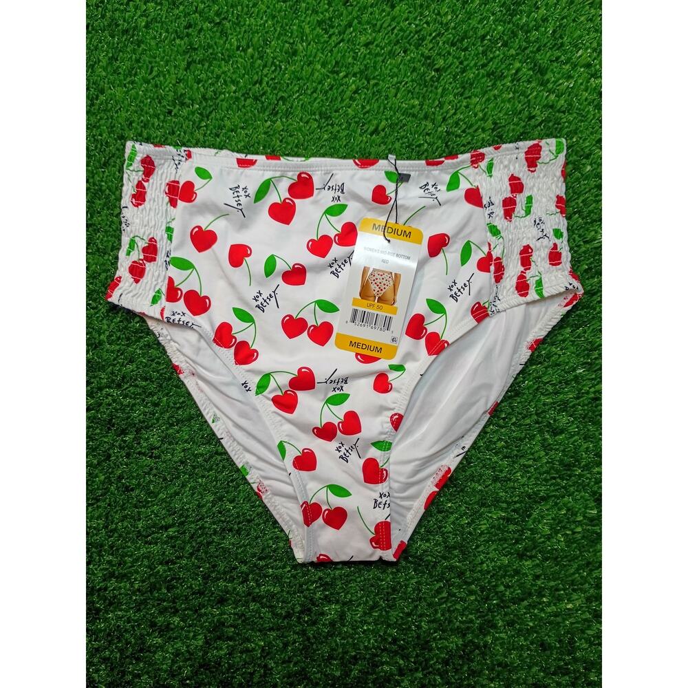Betsey Johnson White Cherry Print Mid-Rise Swim Bottom